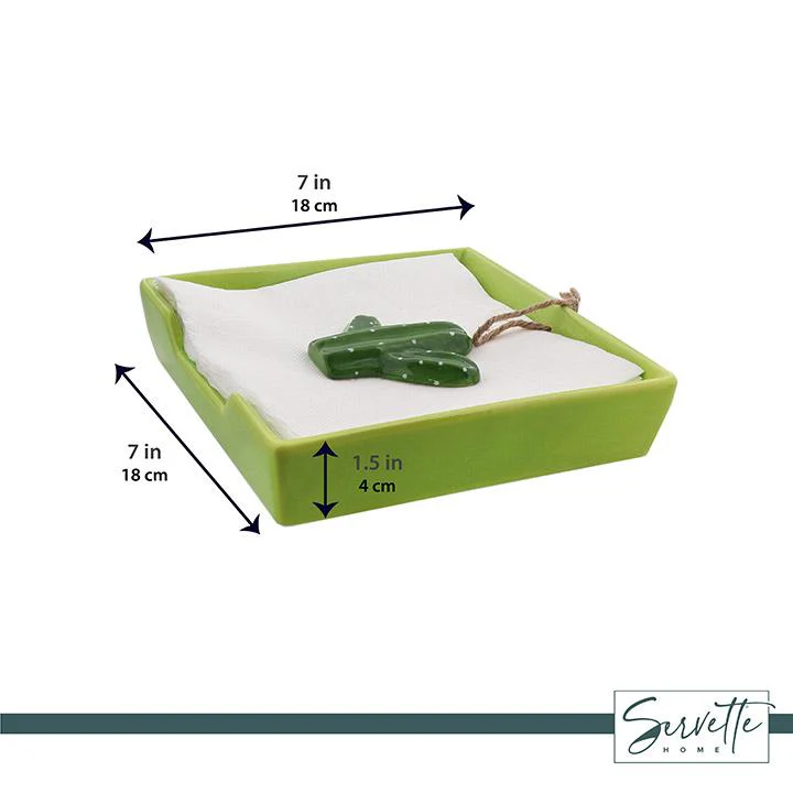 Green Ceramic Napkin Holder with Cactus Weight - Image 4