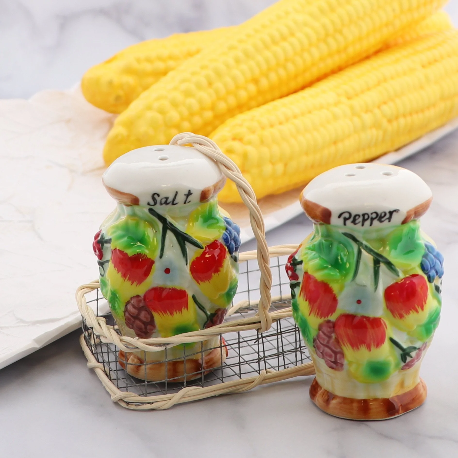 Vintage Apples & Grapes Ceramic Salt & Pepper Shakers - Image 3