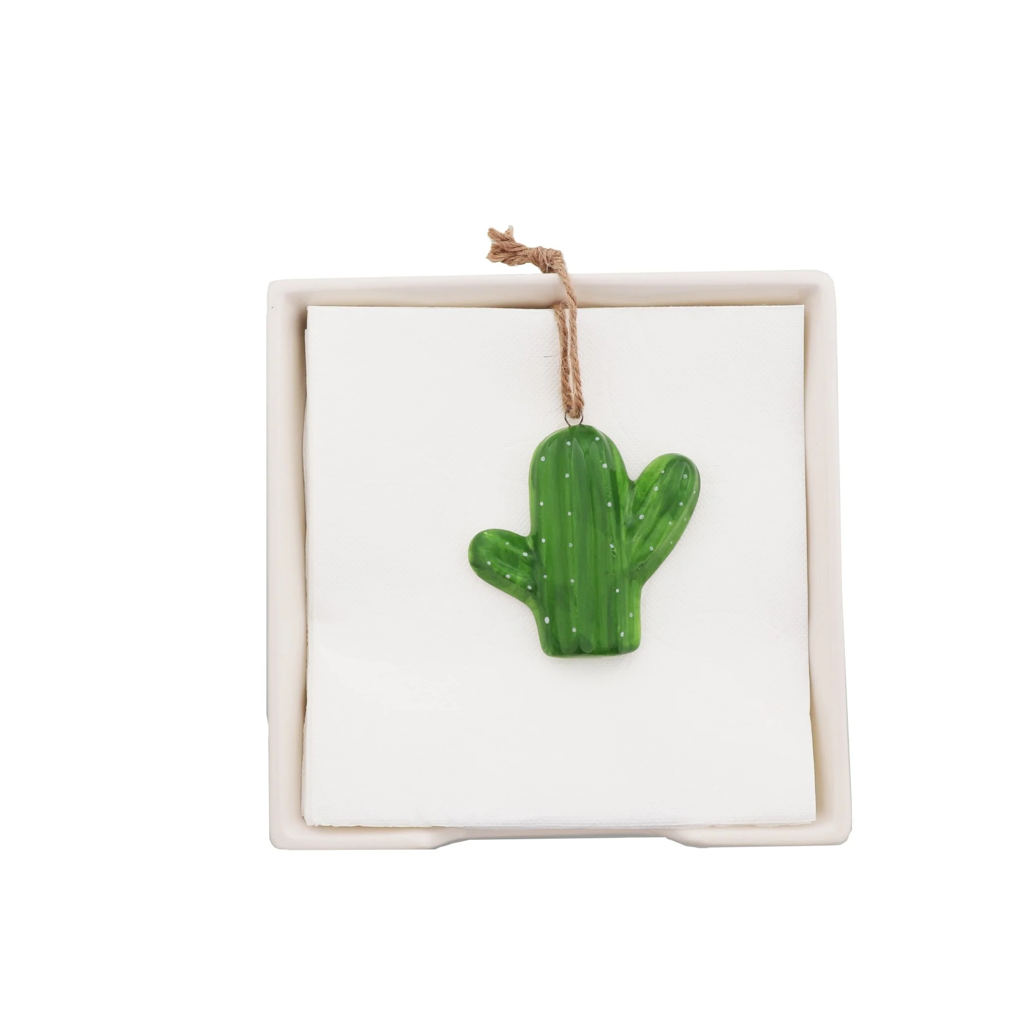 White Ceramic Napkin Holder with Cactus Weight - Image 3