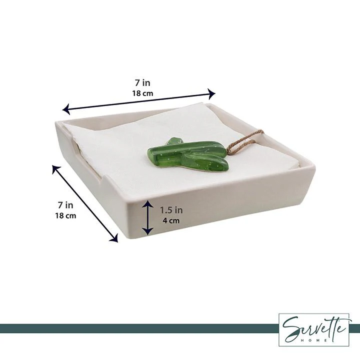 White Ceramic Napkin Holder with Cactus Weight - Image 4